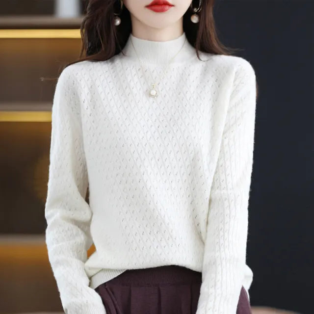 100 Pure Wool Women's Half Turtleneck Knitted Bottoming Shirt Sweater White - Shop at LoveMi