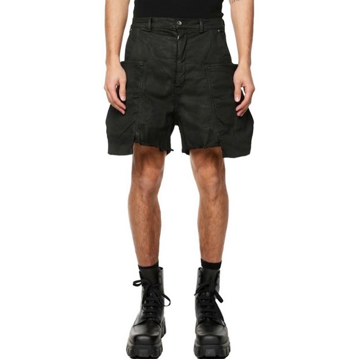 Men's Brush Wax Coating Burr Dark Overalls Denim Shorts