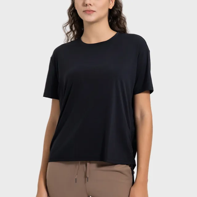 Women's Side Drawstring Yoga Clothes Casual Short Sleeve Black - Shop at LoveMi