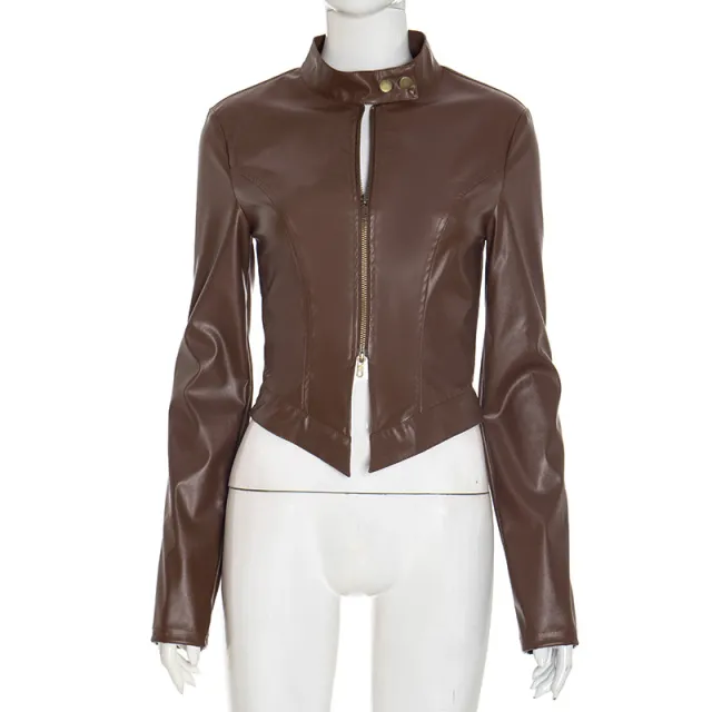 Women's Autumn And Winter New PU Leather Jacket Brown - Shop at LoveMi