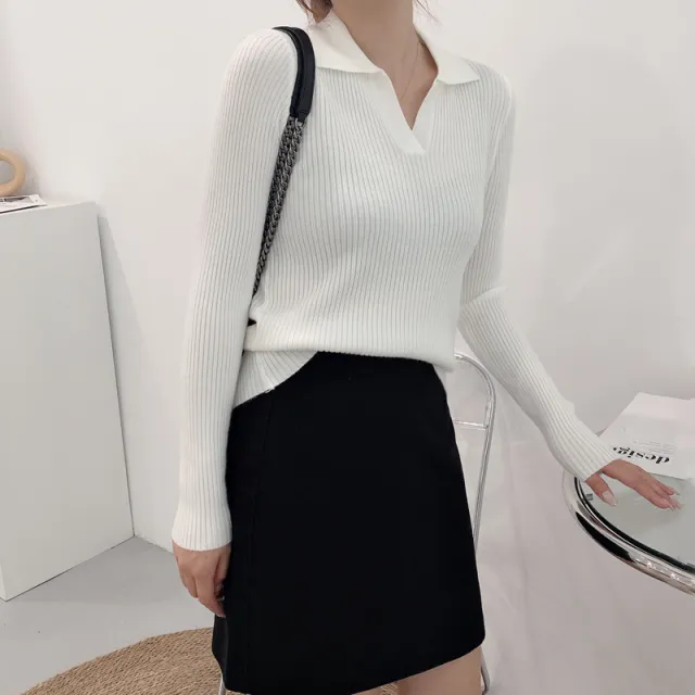 V neck Long sleeved Sweater Women's Lapel Polo Collar Sweater White - Shop at LoveMi