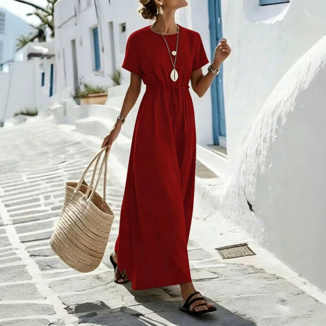 Womens Short-Sleeve Belted Resort Dress