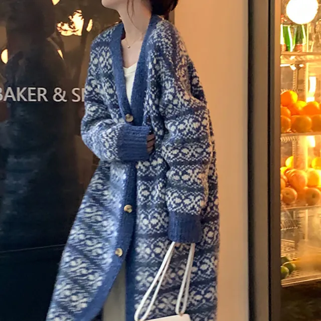 Western Style Ethnic Style Long Sweater Coat Women Blue - Shop at LoveMi