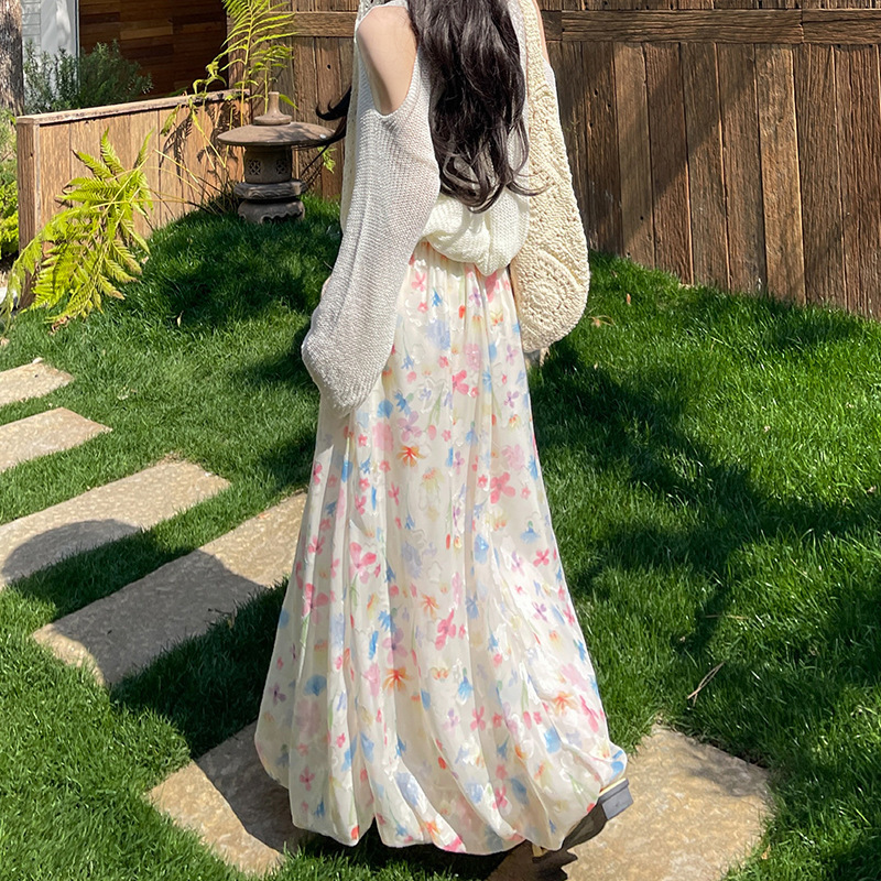 High-Waisted Cloud Print Midi Puffy Skirt – Contrast Color