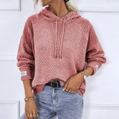 Women's Fashion Casual Hooded Drawstring Sweater - Rose - View 1