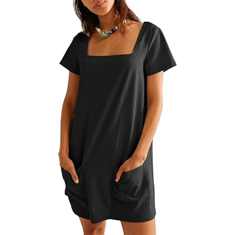 Women's Square Collar Short Sleeve Fashion Short Skirt Pocket Casual Dress