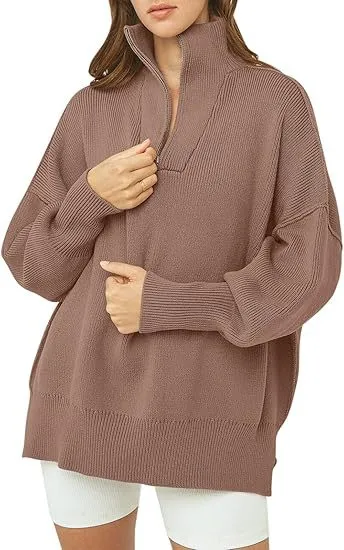 Women's Long Sleeve 14 Zip Pullover Split Solid Color Sweater Light Brown - Shop at LoveMi