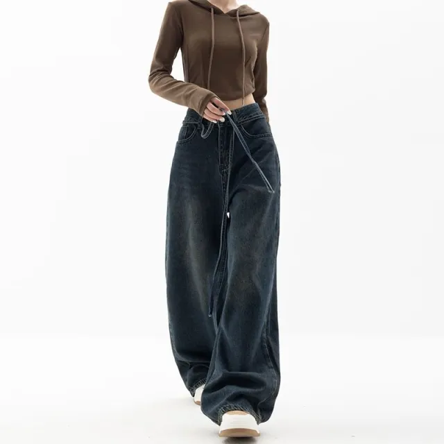 Ribbon Jeans Women's Straight Loose Wide leg Pants American Style Jeans - Shop at LoveMi