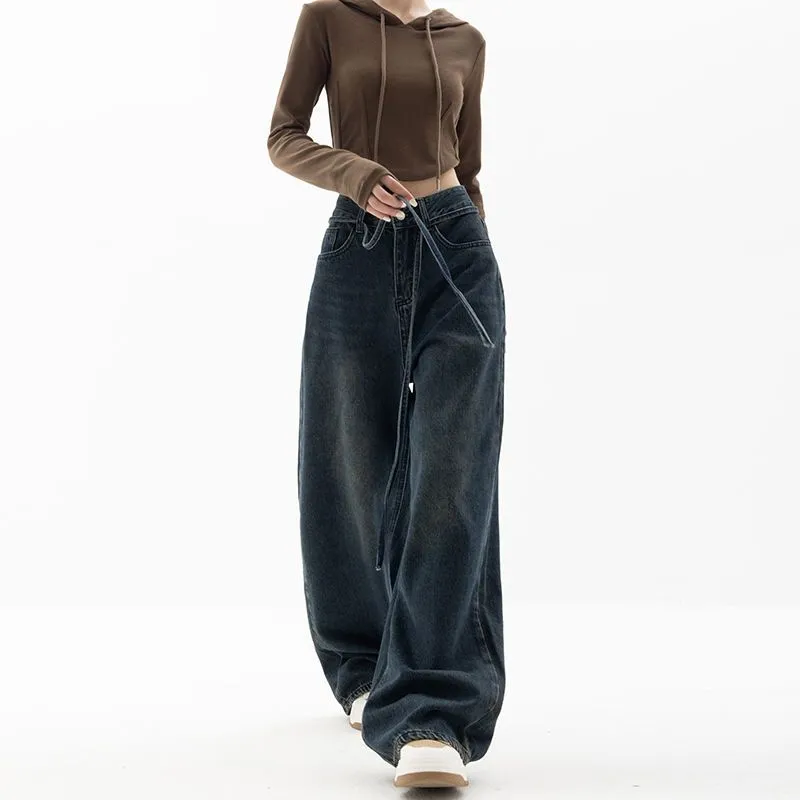Ribbon Jeans Women's Straight Loose Wide-leg Pants American Style - Jeans