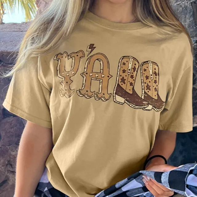 European And American Boots Digital Printing Casual Round Neck Short Sleeves Khaki - Shop at LoveMi