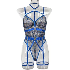 European And American Leopard Print Sheer Mesh Strap Sexy Lingerie With Steel Ring - Blue - View 1