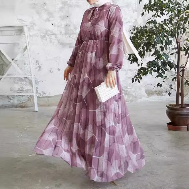 Djellaba New Leaf Printed With Belt Fashion Elegant Dress