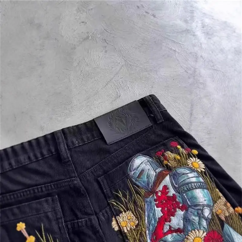 Men's Loose Casual Printed Black Straight Leg Jeans