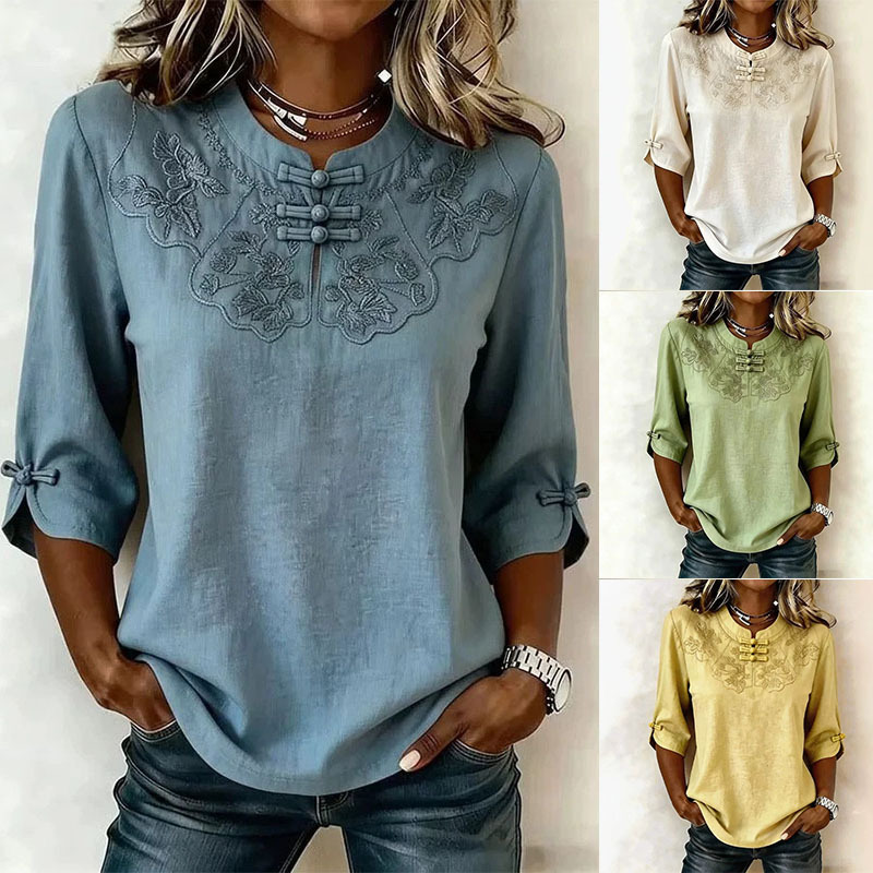Womens Casual Top With Embroidered Flower-shaped Buttons And Three-quarter Sleeves