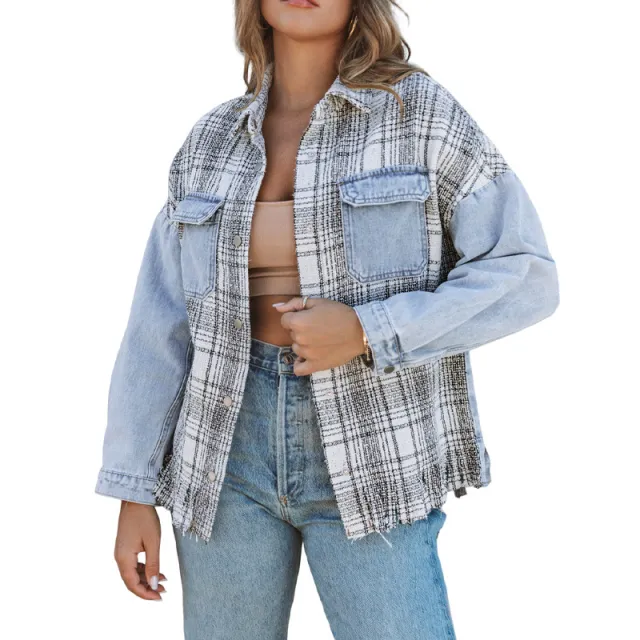 Women's Plaid Patchwork Tassel Flap Pocket Denim Jacket Sky Blue - Shop at LoveMi
