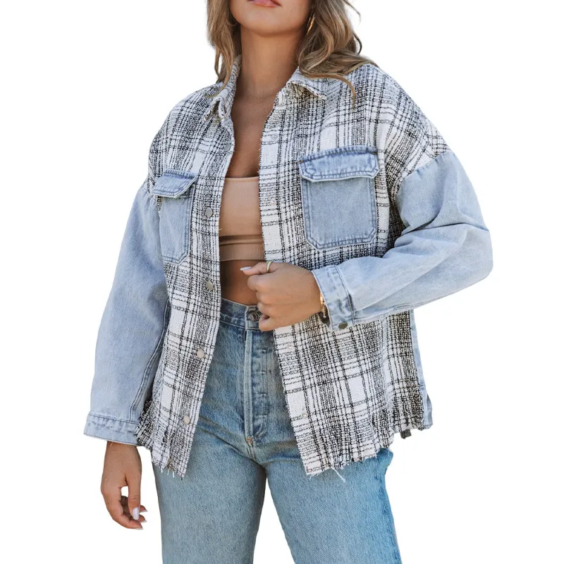 Women's Plaid Patchwork Tassel Flap Pocket Denim Jacket - Sky Blue