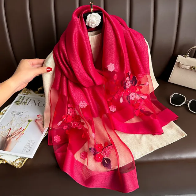 Elegant All match Embroidered Summer Sunscreen Scarf Beaded Begonia Wine Red - Shop at LoveMi
