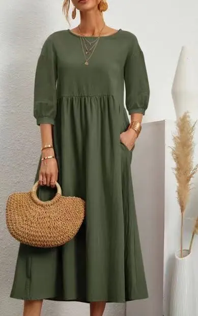 Lantern Sleeve Loose Cotton And Linen Pocket Dress Dark Green - Shop at LoveMi
