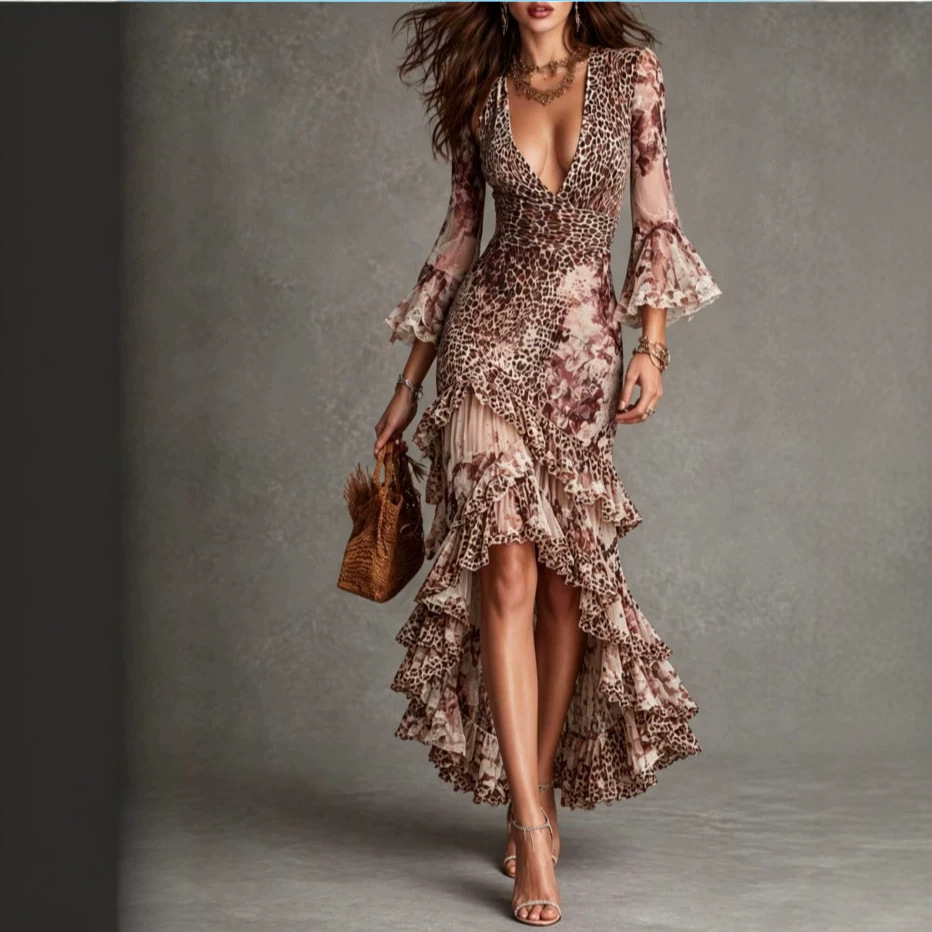 French-style Vintage Leopard-print Flared-sleeve Floral-lace Waist-cinching Asymmetrical Maxi Dress