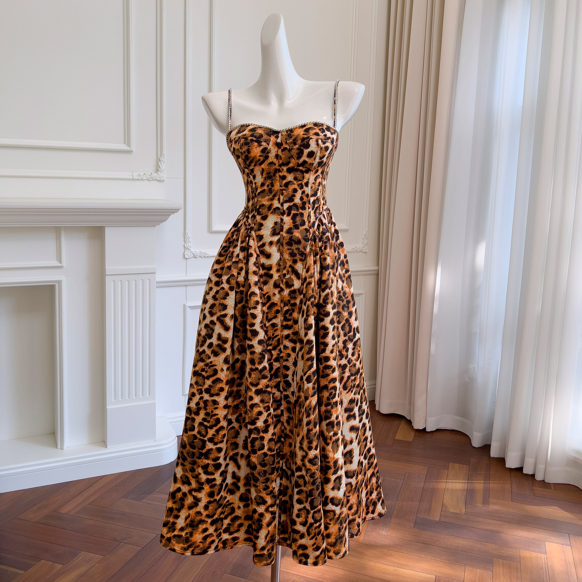Rhinestone-strapped Leopard-print Bandeau Dress