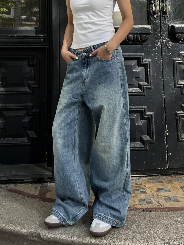 Retro Washed Wide Leg Worn Jeans Women's Straight Casual Pants Blue - Shop at LoveMi