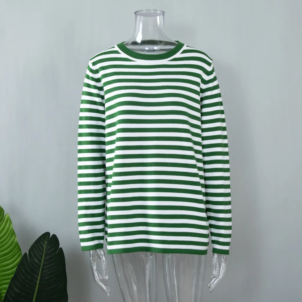 Round Neck Knitted Striped Sweater - Dark Green Stripes