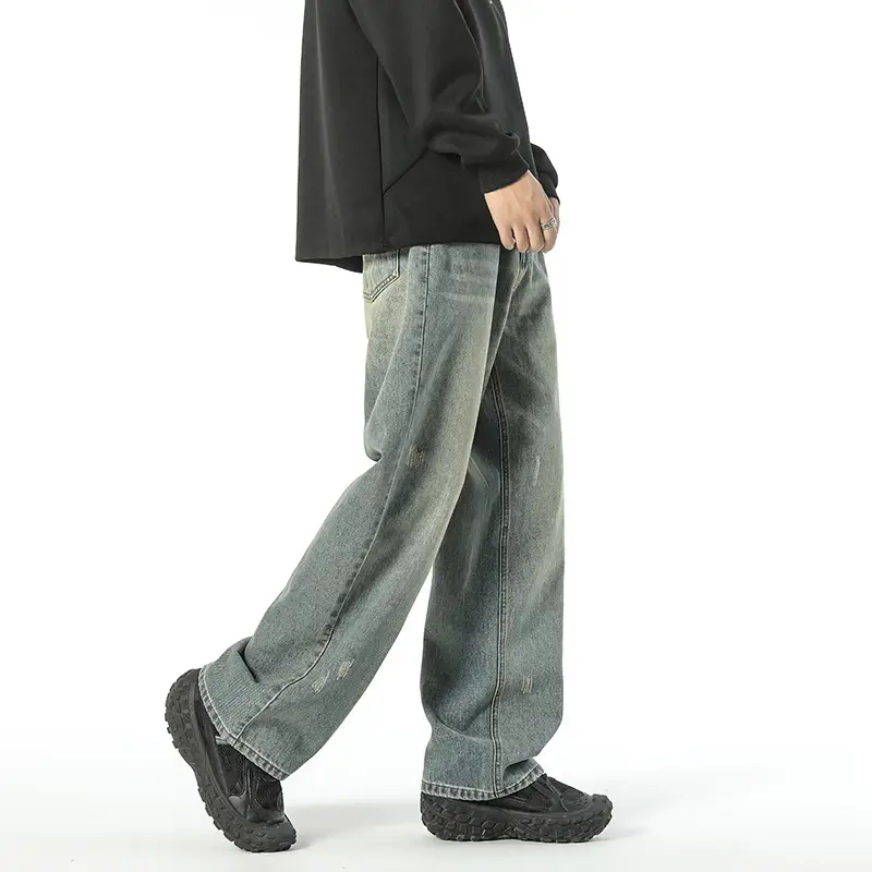 Retro Worn Looking Washed-out Green Blue Jeans For Men