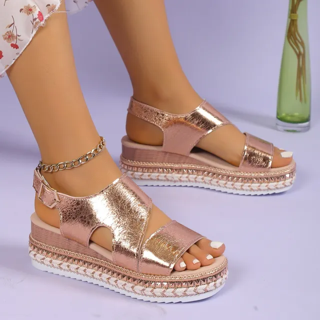 European And American Plus Size Peep Toe Wedge Sandals Round Toe Elastic Band High Heel Sandals Women's Loose High Silver Roman Sandals Women Silver - Shop at LoveMi