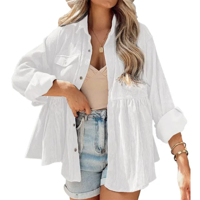 Fashion Corduroy Ruffled Shirt Top For Women White - Shop at LoveMi
