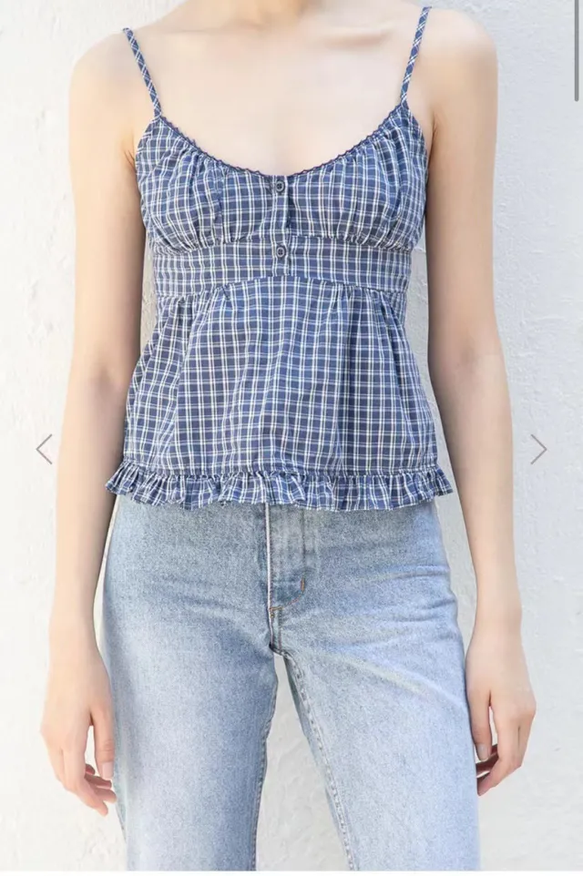 Three button Plaid Camisole Women's Outer Wear Blue Plaid - Shop at LoveMi
