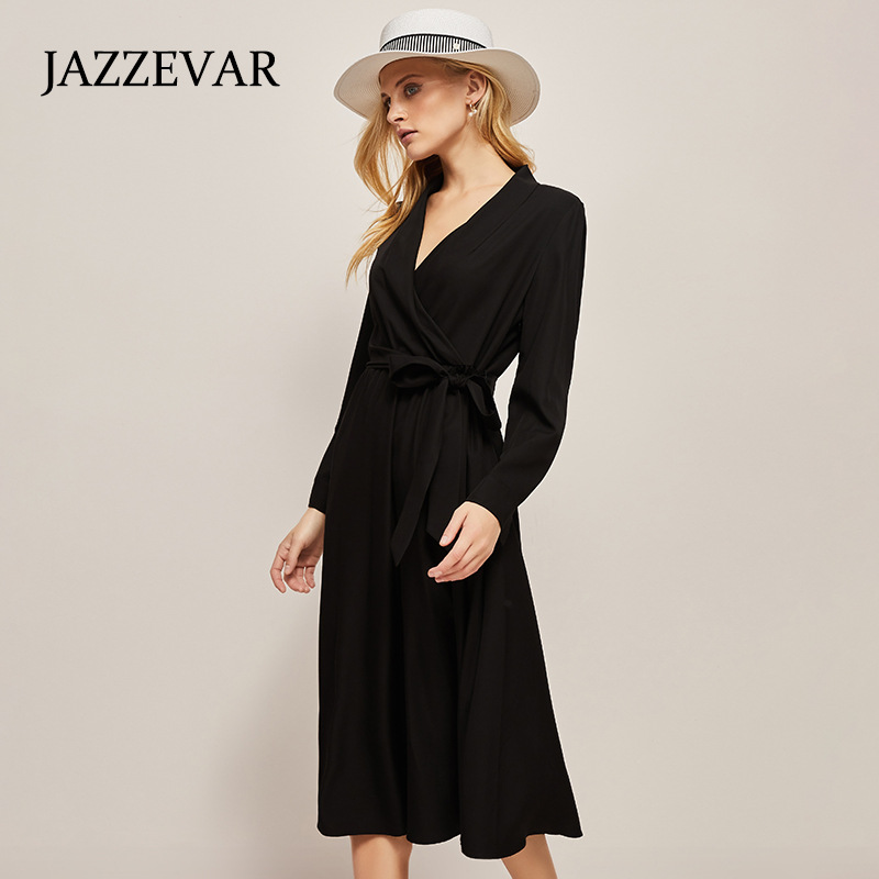 French Dress Women's Long-sleeved Tencel Lace-up Waist