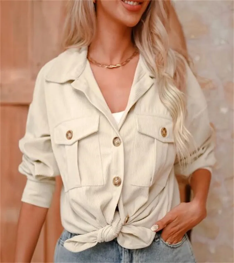 Autumn And Winter New Solid Color Button Corduroy Long Sleeve Loose Coat Women's Clothing - Creamy White