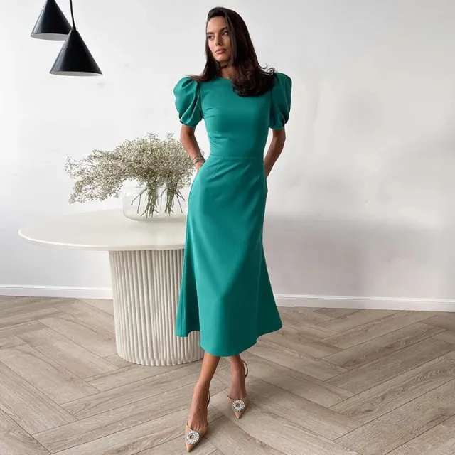 Round Neck Puff Short Sleeve Dress Fashionable Elegant Slim High Waist Peacock Blue - Shop at LoveMi