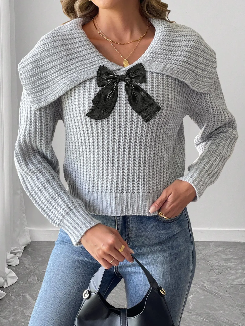 Women's Large Lapel Bow Splicing Pullover Sweater - Flower Grey