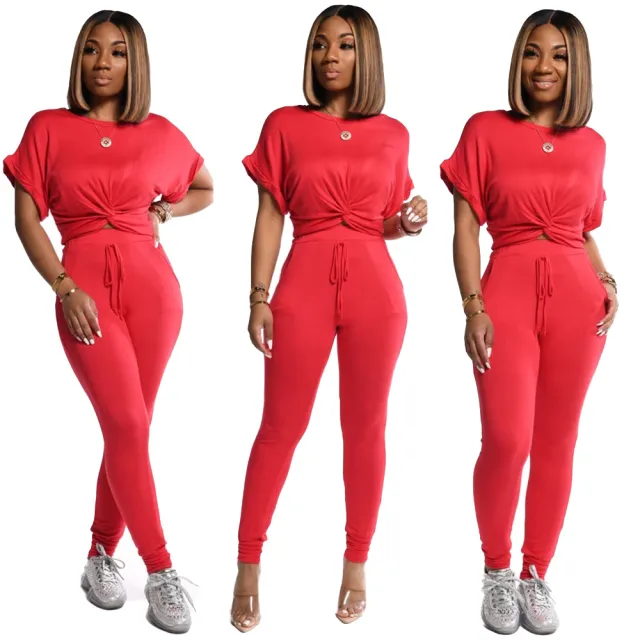 Solid Color Short sleeved Pants Feature Sporty Casual Women's Suit Red - Shop at LoveMi