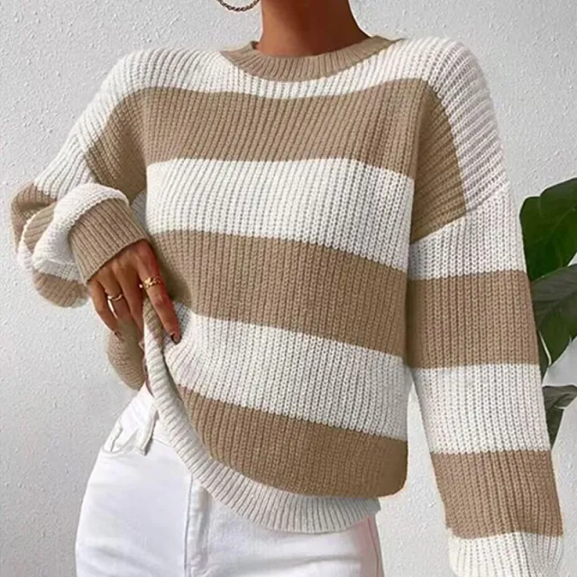 Women's Striped Sweater Loose Long Sleeve Pullover Coffee White Stripe - Shop at LoveMi