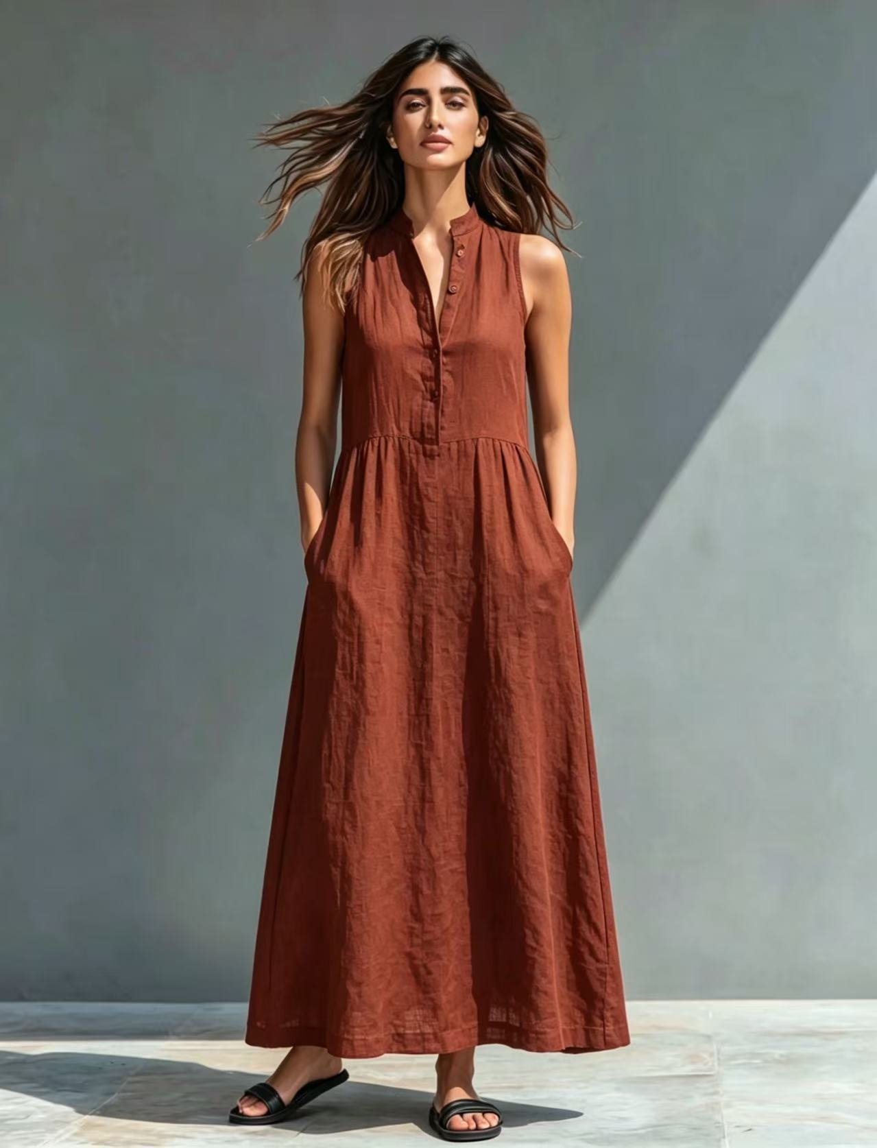 Women's Stand-Collar Maxi Dress in Orange Red – vacation resort A-line dress