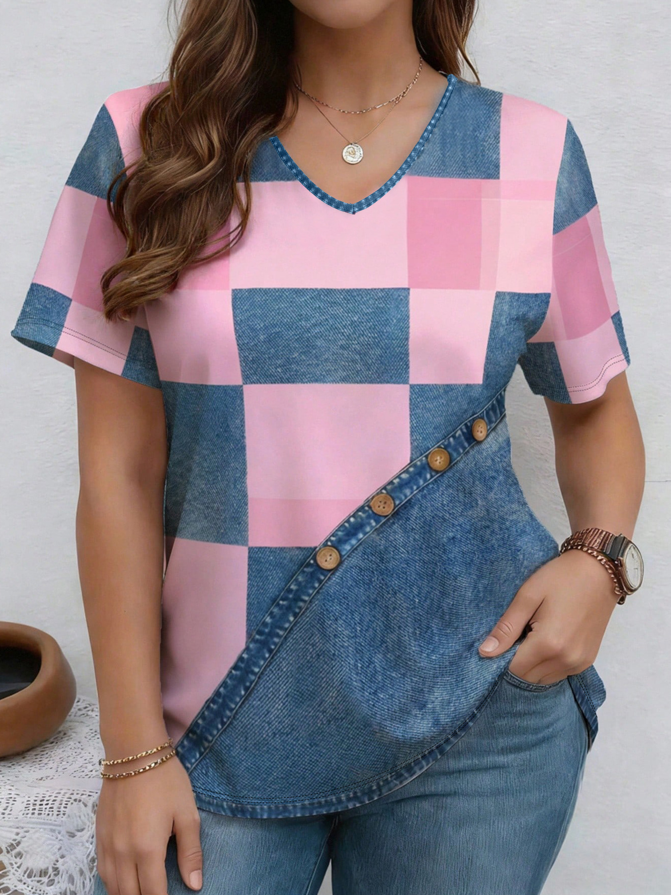 Loose casual denim print t-shirt in navy blue, outdoor lifestyle shot