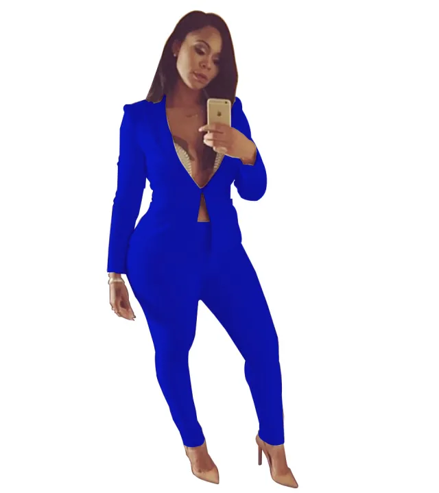 Solid Color Plus Size Suit Pants Two piece Set Sapphire Blue - Shop at LoveMi