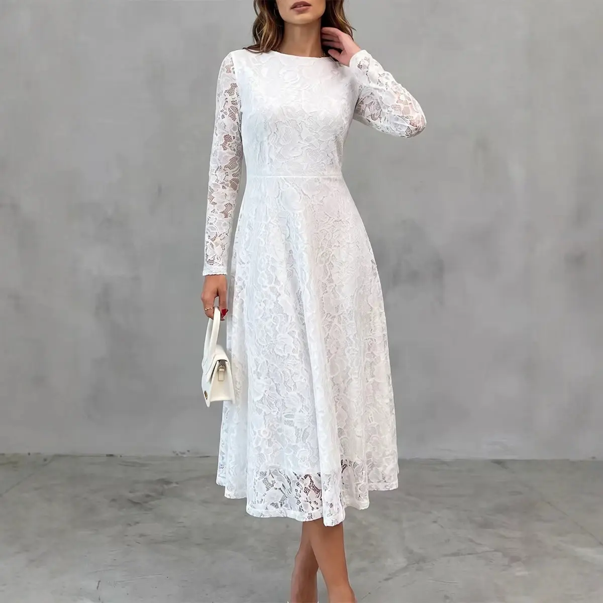 Womens Solid-Color Elegant Long-Sleeve Lace Waist-Cinching Dress