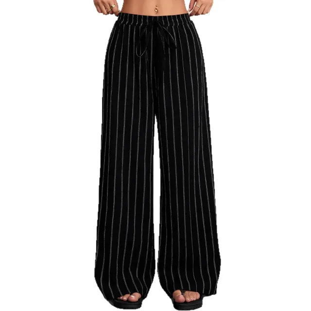 Women's Striped Drawstring Elastic Waist Casual Pants Black - Shop at LoveMi