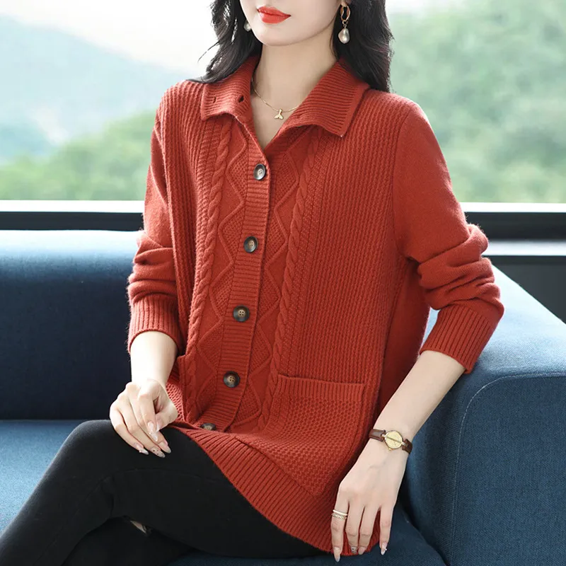 Covering Belly Thin Plus Size High Lapel Knitted Cardigan For Women - Concubine Red