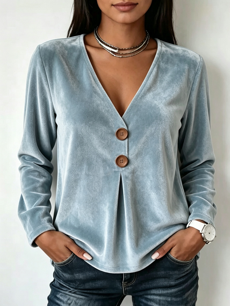 V-neck Velvet Solid-color Long-sleeve Womens T-shirt