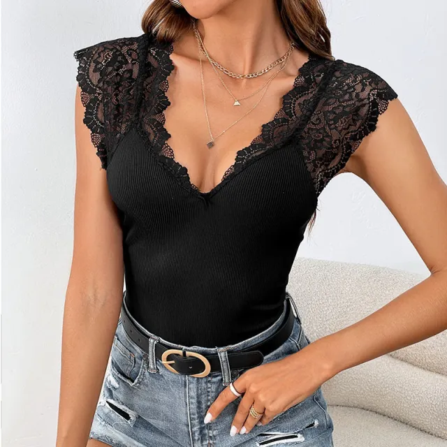 Lace Stitching Large V neck Jumpsuit Slim Top Black - Shop at LoveMi