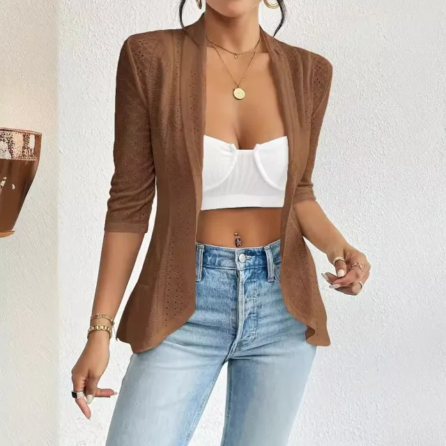 Europe And America Cross Border New Women's Ladies Hollow Fabric Cardigan Coat Brown - Shop at LoveMi