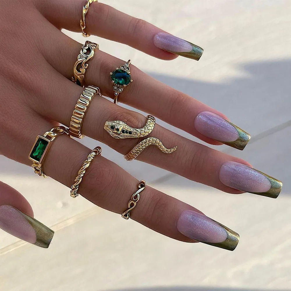 Gold Snake-shaped Lvzuan Twist Chain 8-piece Suit Ring - Sku9539