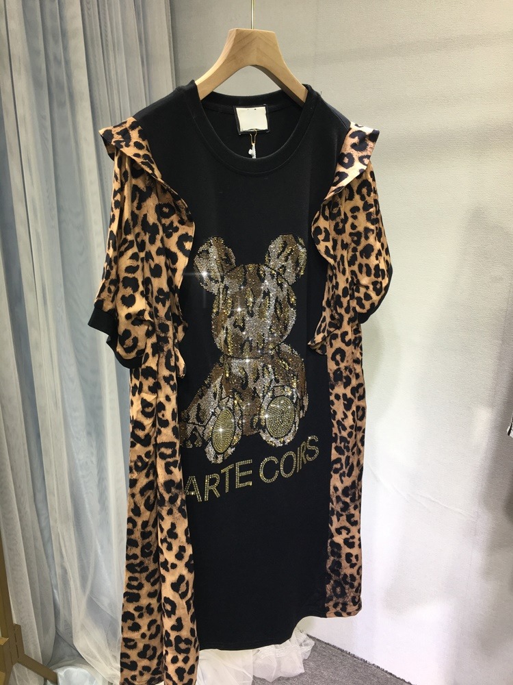 Summer Hot Rhinestone Dress Leopard Print Wooden Ear Bear Short Sleeve Leopard - Shop at LoveMi