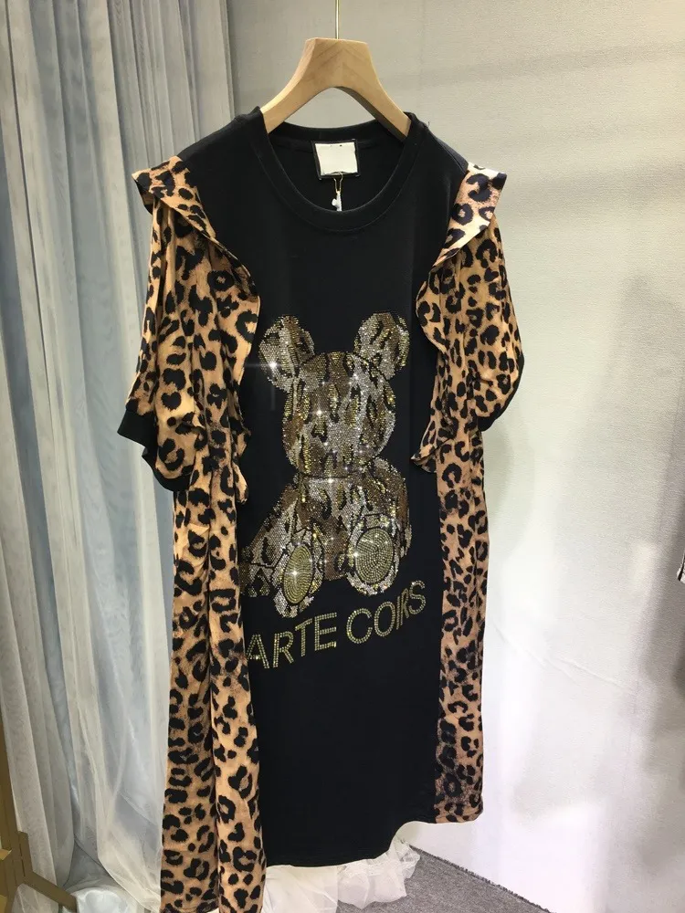 Summer Hot Rhinestone Dress Leopard Print Wooden Ear Bear Short Sleeve - Leopard