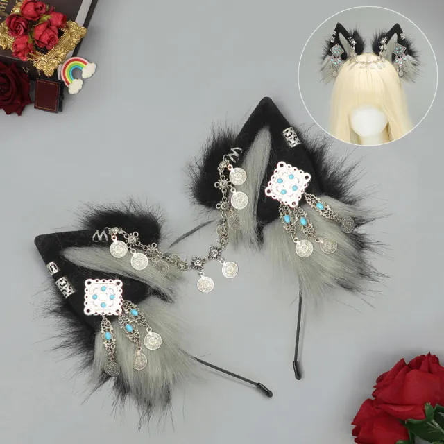 Tibetan Hair Accessories Exotic Wolf Ear Animal Ears Headband Bohemian Travel Photo Shooting Props Black And Gray - Shop at LoveMi