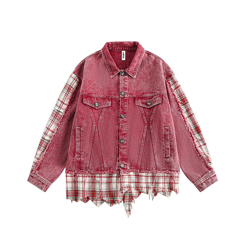 Retro Irregular Patchwork Stripes Raw Edge Denim Jacket Red - Shop at LoveMi